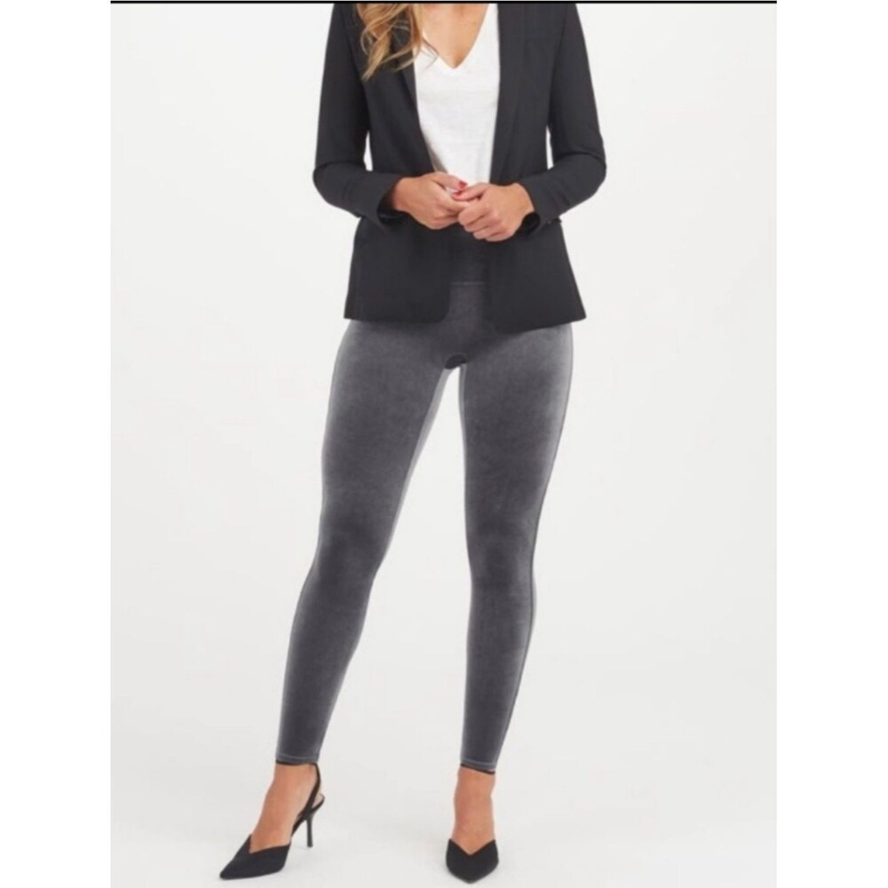 Spanx Velour Velvet Silver Chrome Leggings Women’s Size Large Tummy Control